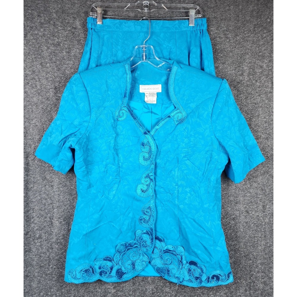 Orlando Rossi Skirt Suit Women 14 Turquoise Floral Jacquard Embroidered Vintage